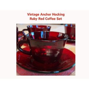 Ruby Red 14-Piece Coffee Set Anchor Hocking Cups Saucers Creamer Open Sugar Bowl